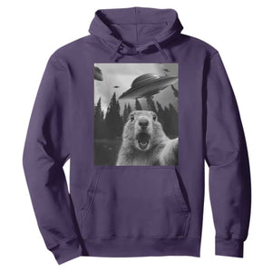 Funny Groundhog Selfie With Alien UFOs Weird Ground Hog Day Hoodie TS11 Purple Print Your Wear