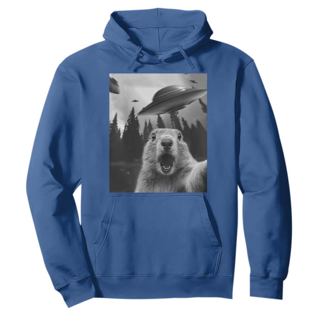 Funny Groundhog Selfie With Alien UFOs Weird Ground Hog Day Hoodie TS11 Royal Blue Print Your Wear