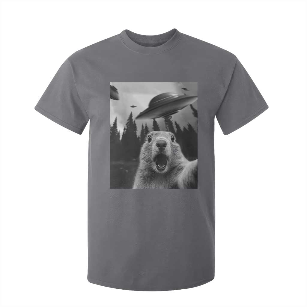 Funny Groundhog Selfie With Alien UFOs Weird Ground Hog Day T Shirt For Kid TS11 Charcoal Print Your Wear