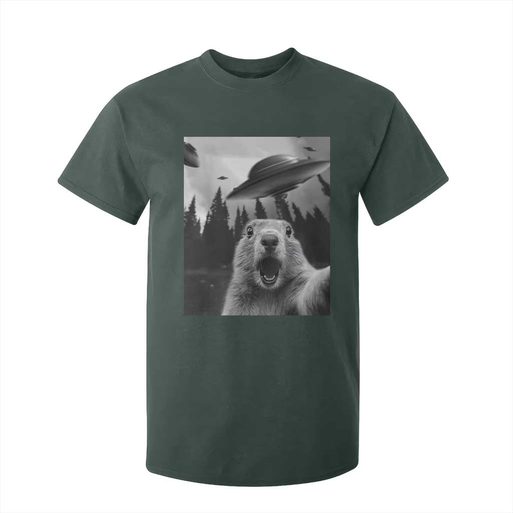 Funny Groundhog Selfie With Alien UFOs Weird Ground Hog Day T Shirt For Kid TS11 Dark Forest Green Print Your Wear