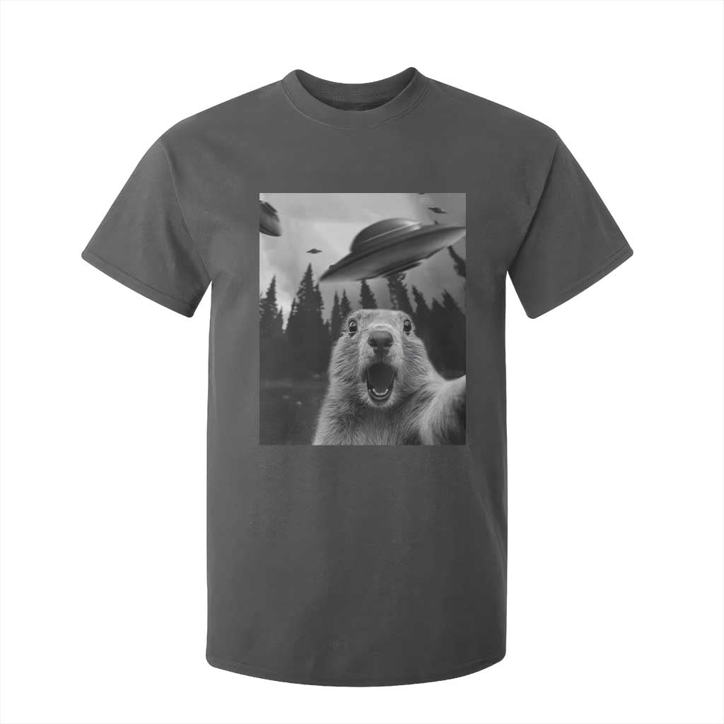 Funny Groundhog Selfie With Alien UFOs Weird Ground Hog Day T Shirt For Kid TS11 Dark Heather Print Your Wear
