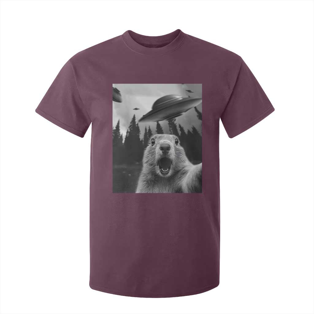 Funny Groundhog Selfie With Alien UFOs Weird Ground Hog Day T Shirt For Kid TS11 Maroon Print Your Wear