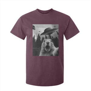 Funny Groundhog Selfie With Alien UFOs Weird Ground Hog Day T Shirt For Kid TS11 Maroon Print Your Wear