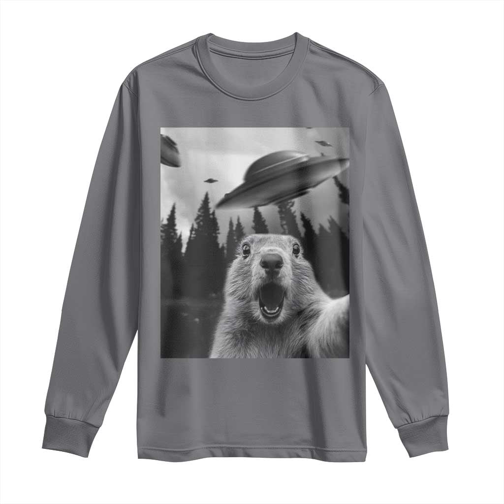 Funny Groundhog Selfie With Alien UFOs Weird Ground Hog Day Long Sleeve Shirt TS11 Charcoal Print Your Wear