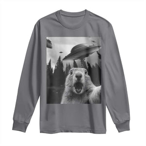 Funny Groundhog Selfie With Alien UFOs Weird Ground Hog Day Long Sleeve Shirt TS11 Charcoal Print Your Wear