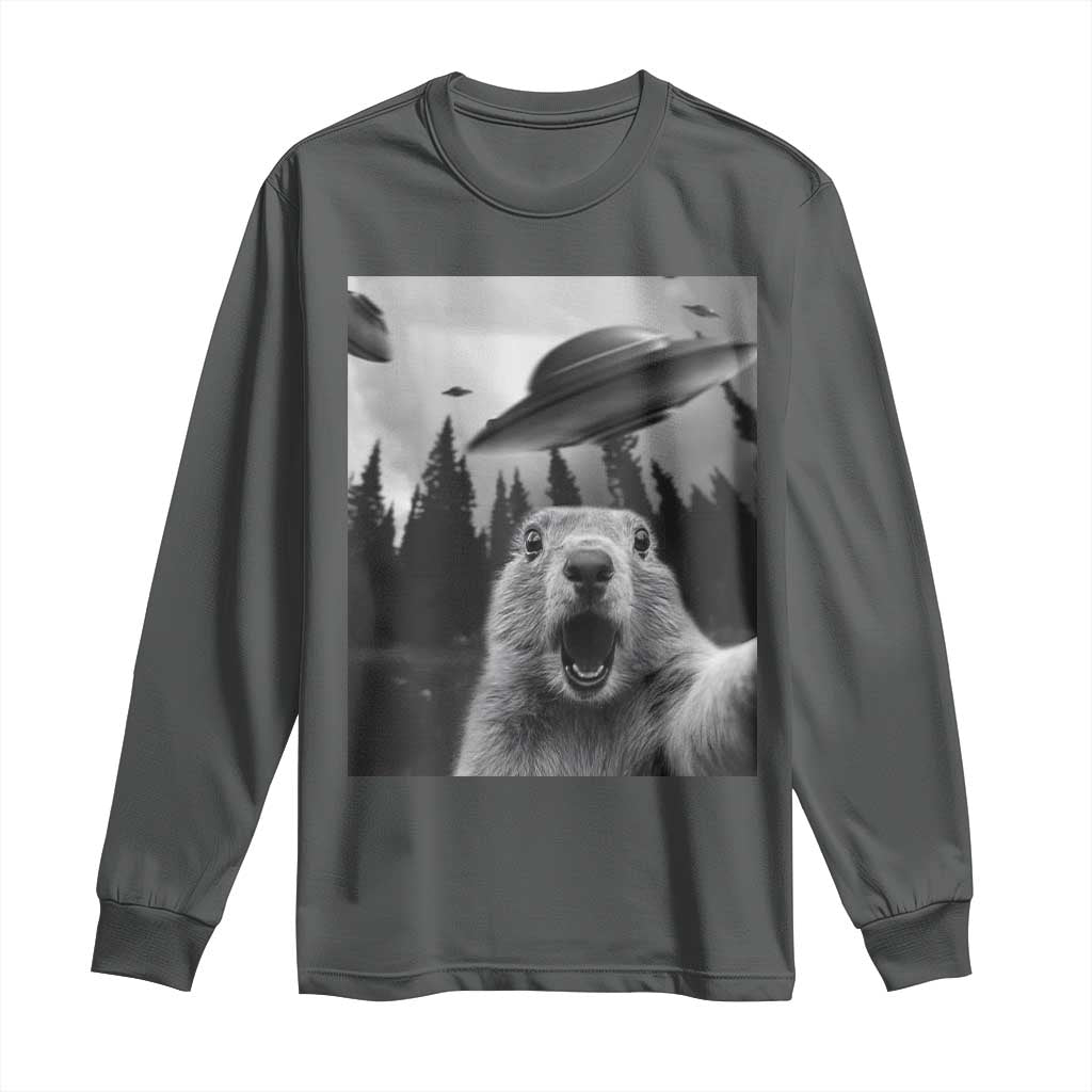 Funny Groundhog Selfie With Alien UFOs Weird Ground Hog Day Long Sleeve Shirt TS11 Dark Heather Print Your Wear