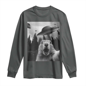 Funny Groundhog Selfie With Alien UFOs Weird Ground Hog Day Long Sleeve Shirt TS11 Dark Heather Print Your Wear