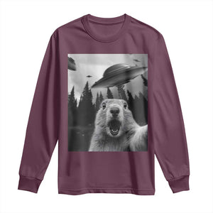 Funny Groundhog Selfie With Alien UFOs Weird Ground Hog Day Long Sleeve Shirt TS11 Maroon Print Your Wear