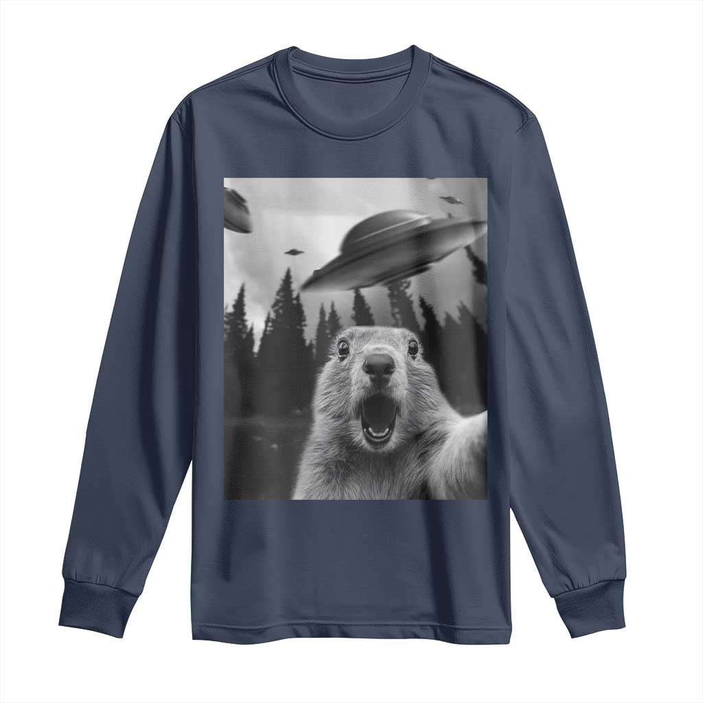 Funny Groundhog Selfie With Alien UFOs Weird Ground Hog Day Long Sleeve Shirt TS11 Navy Print Your Wear