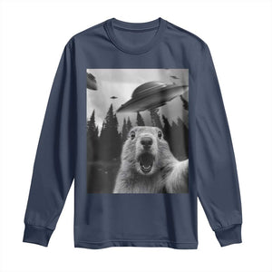 Funny Groundhog Selfie With Alien UFOs Weird Ground Hog Day Long Sleeve Shirt TS11 Navy Print Your Wear