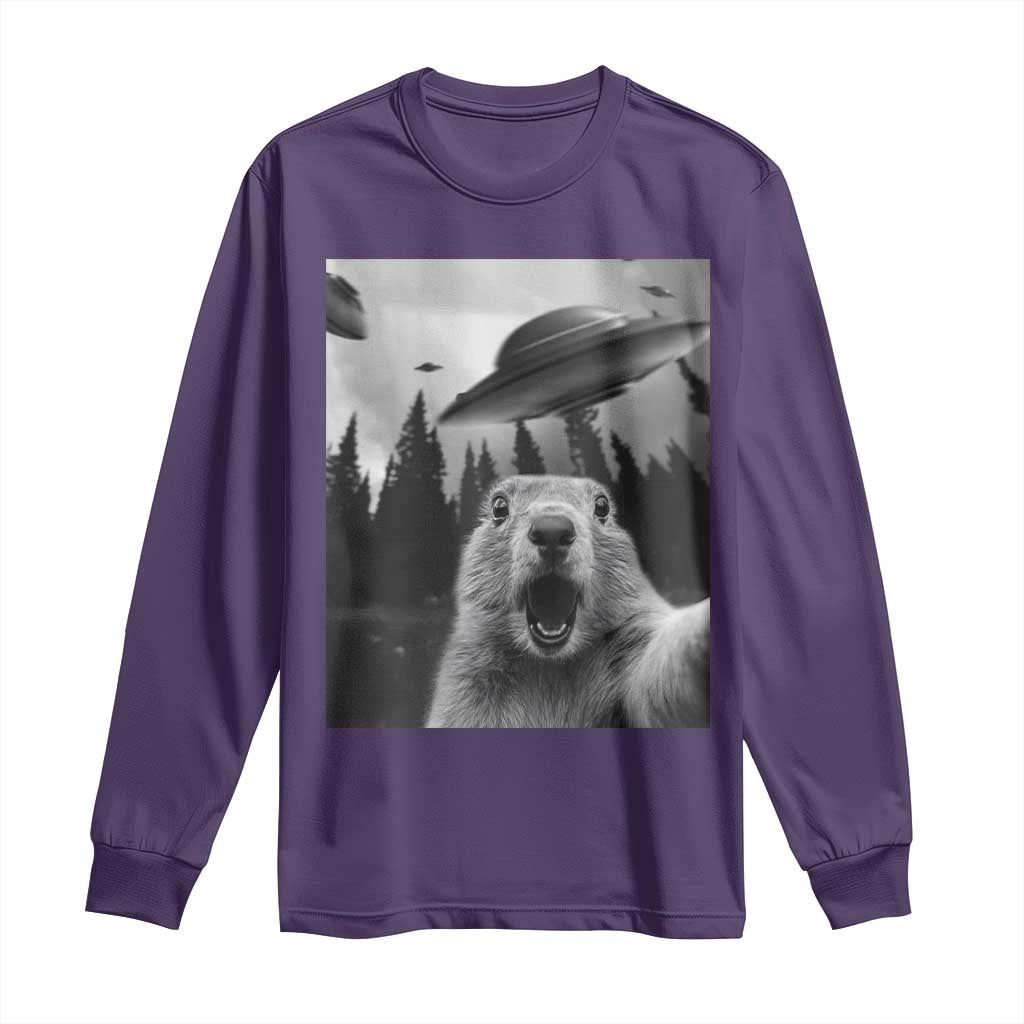 Funny Groundhog Selfie With Alien UFOs Weird Ground Hog Day Long Sleeve Shirt TS11 Purple Print Your Wear