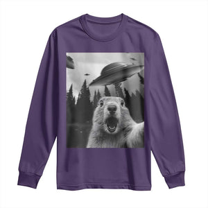 Funny Groundhog Selfie With Alien UFOs Weird Ground Hog Day Long Sleeve Shirt TS11 Purple Print Your Wear