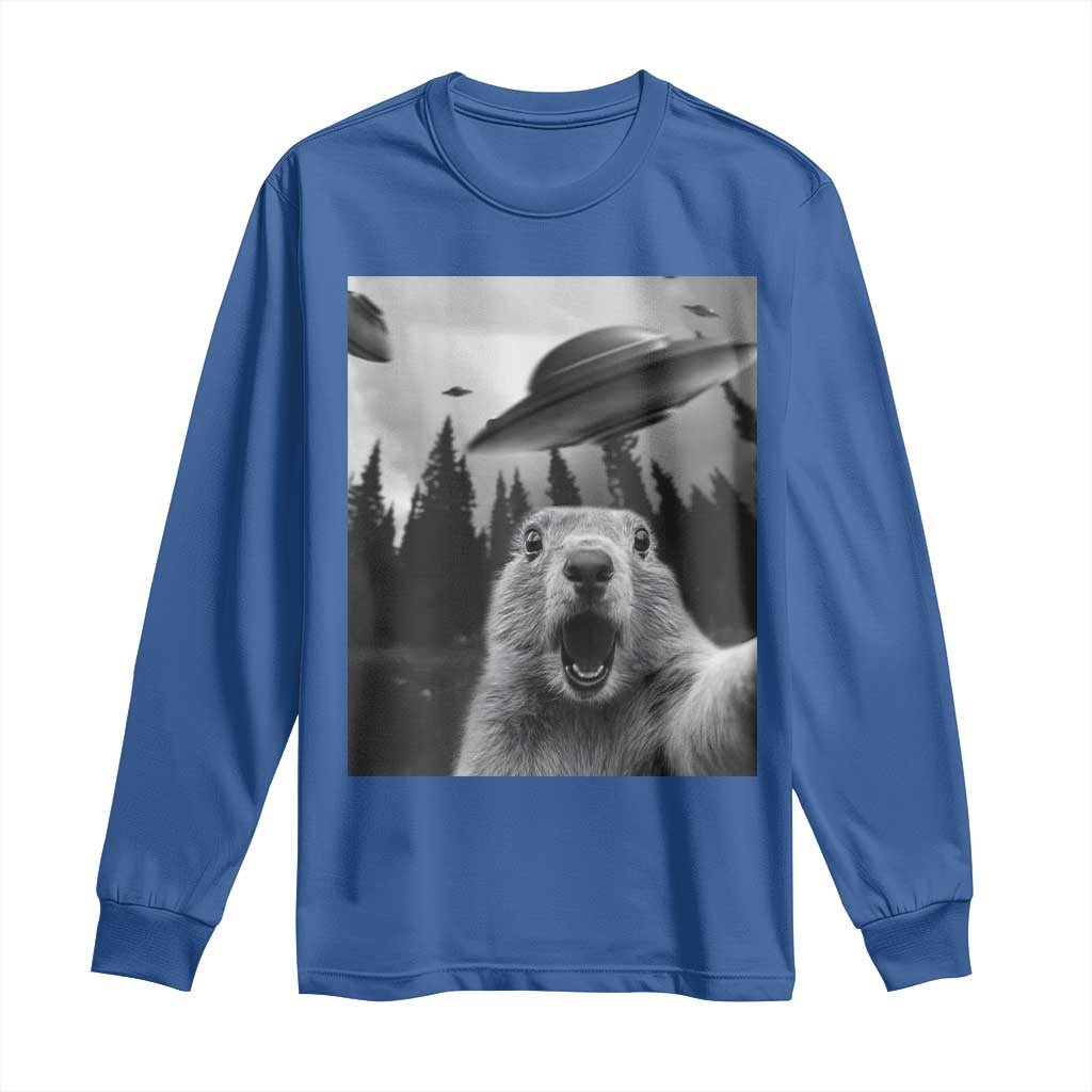 Funny Groundhog Selfie With Alien UFOs Weird Ground Hog Day Long Sleeve Shirt TS11 Royal Blue Print Your Wear
