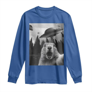 Funny Groundhog Selfie With Alien UFOs Weird Ground Hog Day Long Sleeve Shirt TS11 Royal Blue Print Your Wear