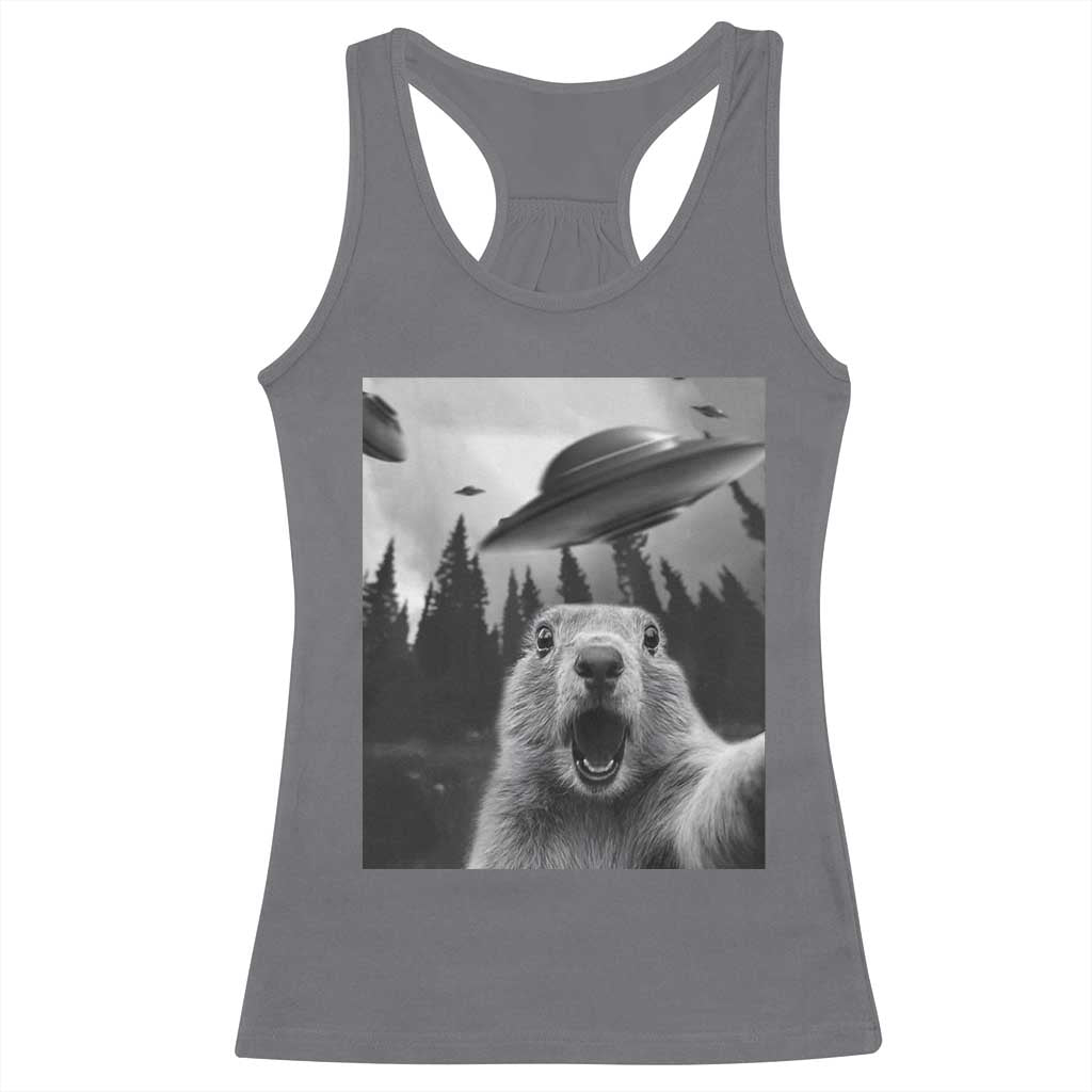 Funny Groundhog Selfie With Alien UFOs Weird Ground Hog Day Racerback Tank Top TS11 Charcoal Print Your Wear