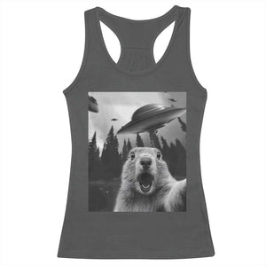 Funny Groundhog Selfie With Alien UFOs Weird Ground Hog Day Racerback Tank Top TS11 Dark Heather Print Your Wear