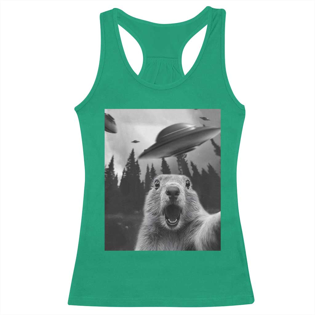 Funny Groundhog Selfie With Alien UFOs Weird Ground Hog Day Racerback Tank Top TS11 Irish Green Print Your Wear