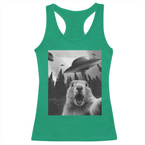 Funny Groundhog Selfie With Alien UFOs Weird Ground Hog Day Racerback Tank Top TS11 Irish Green Print Your Wear
