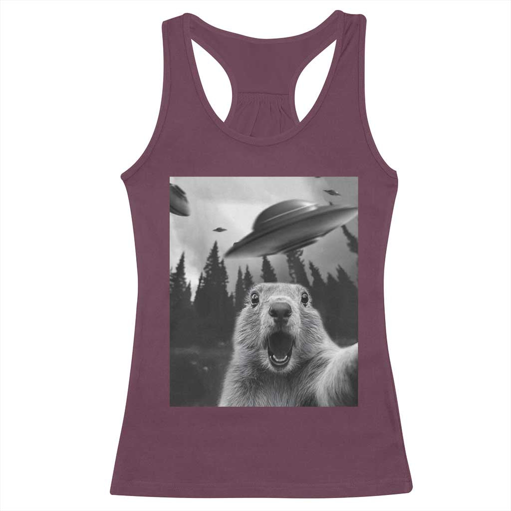 Funny Groundhog Selfie With Alien UFOs Weird Ground Hog Day Racerback Tank Top TS11 Maroon Print Your Wear