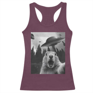 Funny Groundhog Selfie With Alien UFOs Weird Ground Hog Day Racerback Tank Top TS11 Maroon Print Your Wear