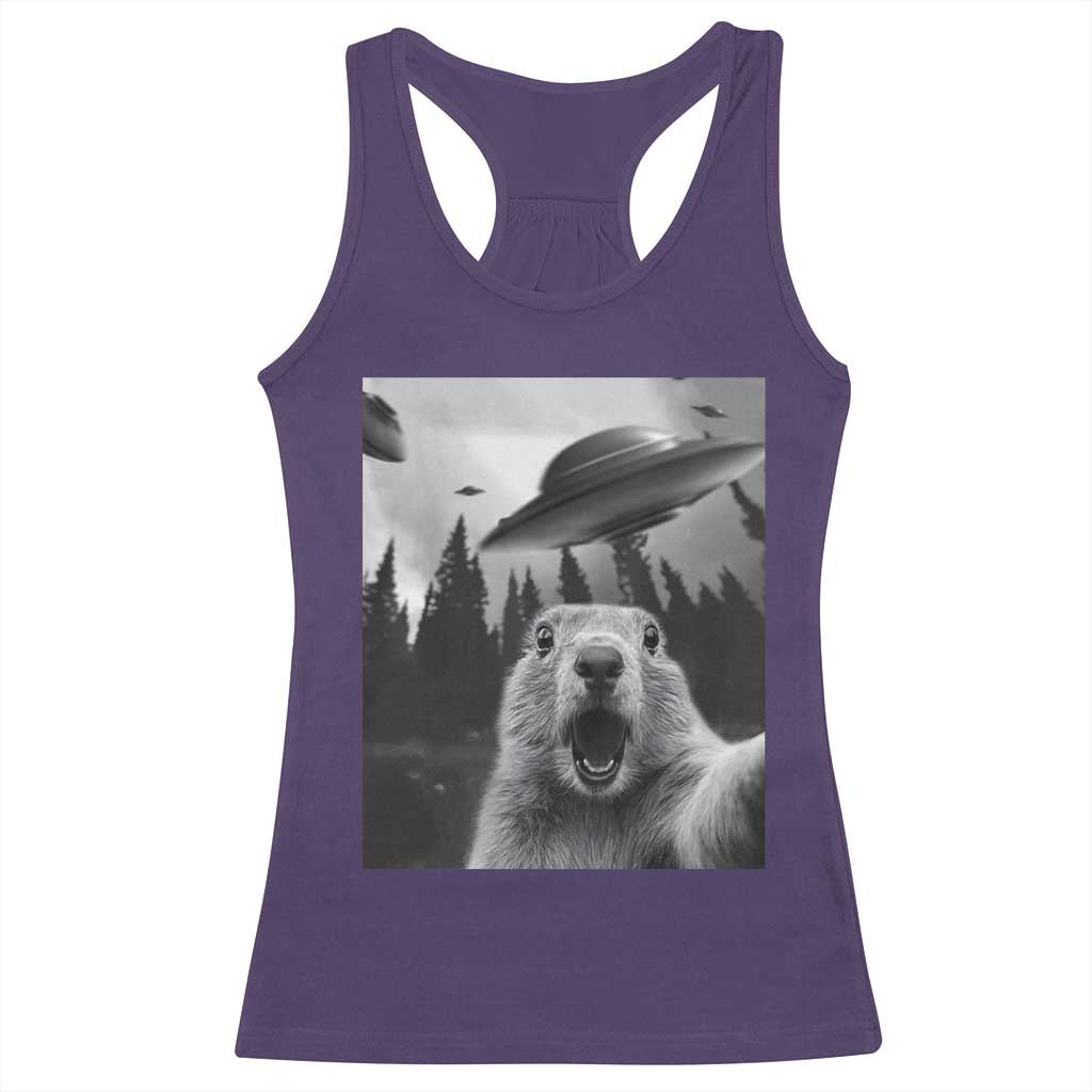 Funny Groundhog Selfie With Alien UFOs Weird Ground Hog Day Racerback Tank Top TS11 Purple Print Your Wear