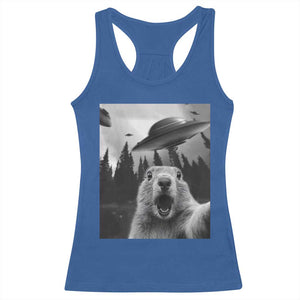 Funny Groundhog Selfie With Alien UFOs Weird Ground Hog Day Racerback Tank Top TS11 Royal Blue Print Your Wear