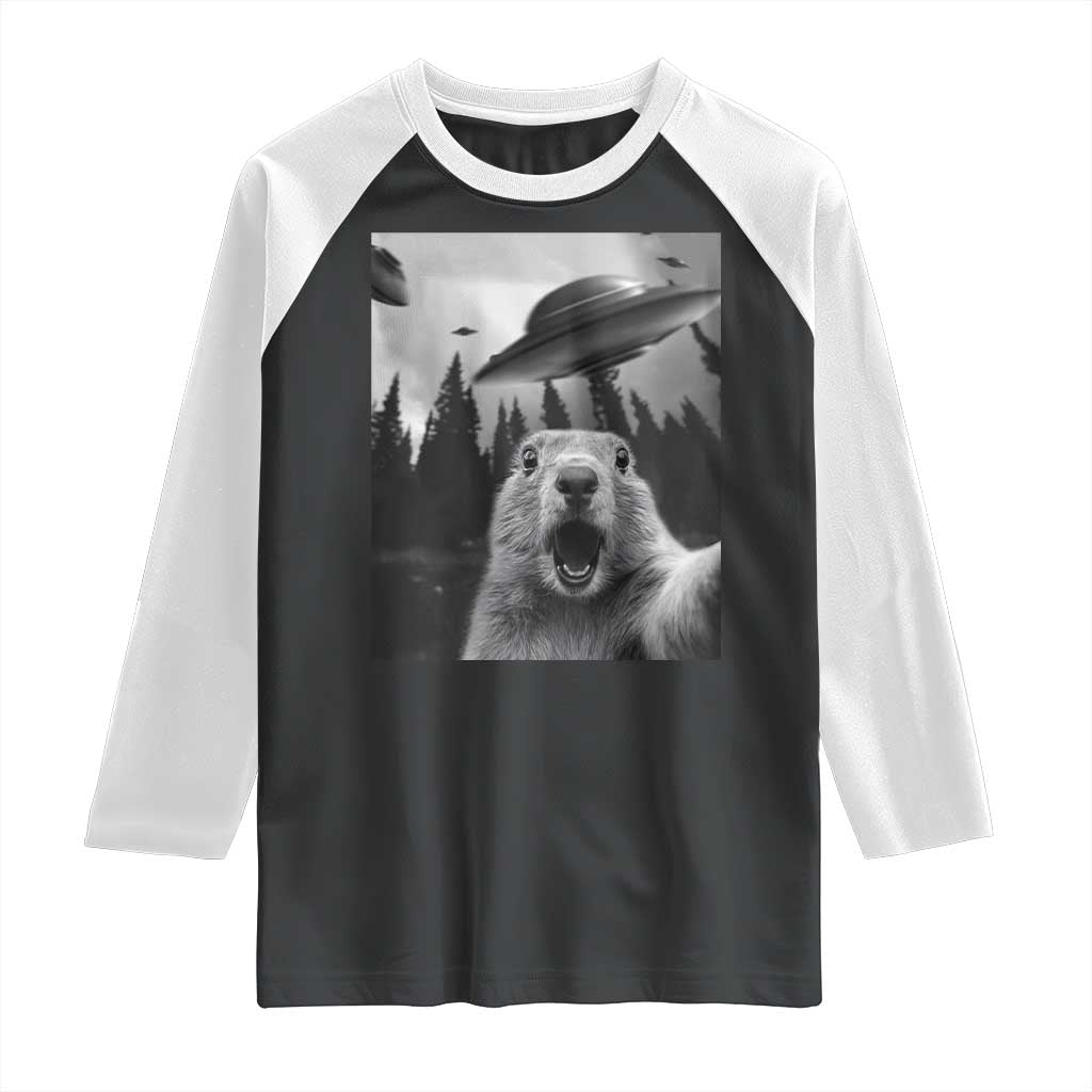 Funny Groundhog Selfie With Alien UFOs Weird Ground Hog Day Raglan Shirt TS11 Black White Print Your Wear
