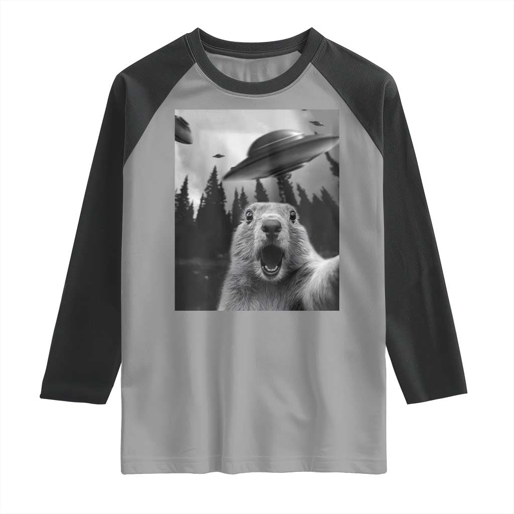 Funny Groundhog Selfie With Alien UFOs Weird Ground Hog Day Raglan Shirt TS11 Sport Gray Black Print Your Wear