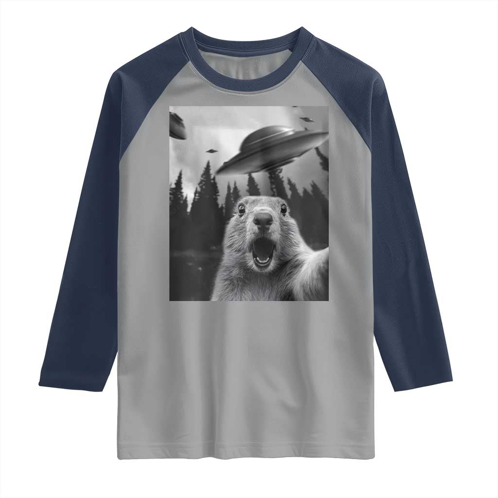 Funny Groundhog Selfie With Alien UFOs Weird Ground Hog Day Raglan Shirt TS11 Sport Gray Navy Print Your Wear