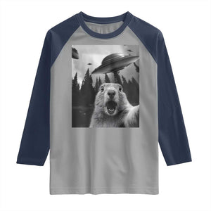 Funny Groundhog Selfie With Alien UFOs Weird Ground Hog Day Raglan Shirt TS11 Sport Gray Navy Print Your Wear