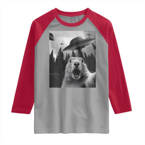 Funny Groundhog Selfie With Alien UFOs Weird Ground Hog Day Raglan Shirt TS11 Sport Gray Red Print Your Wear
