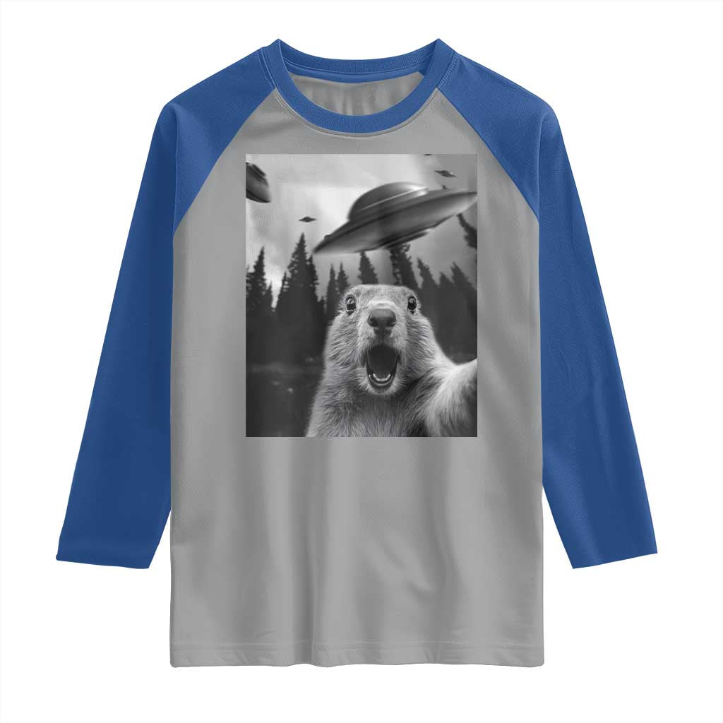 Funny Groundhog Selfie With Alien UFOs Weird Ground Hog Day Raglan Shirt TS11 Sport Gray Royal Print Your Wear