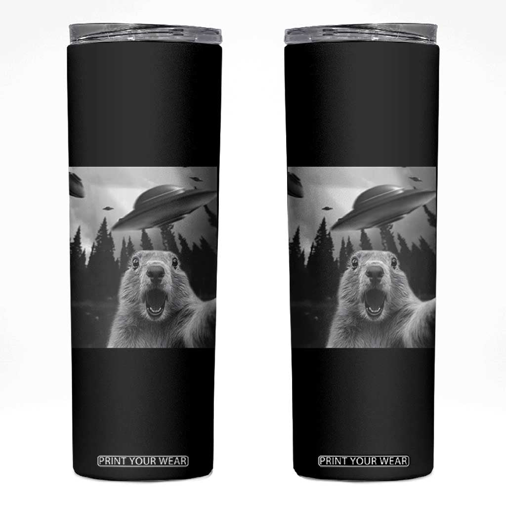 Funny Groundhog Selfie With Alien UFOs Weird Ground Hog Day Skinny Tumbler TS11 Black Print Your Wear