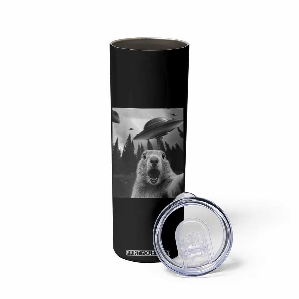 Funny Groundhog Selfie With Alien UFOs Weird Ground Hog Day Skinny Tumbler TS11 Print Your Wear