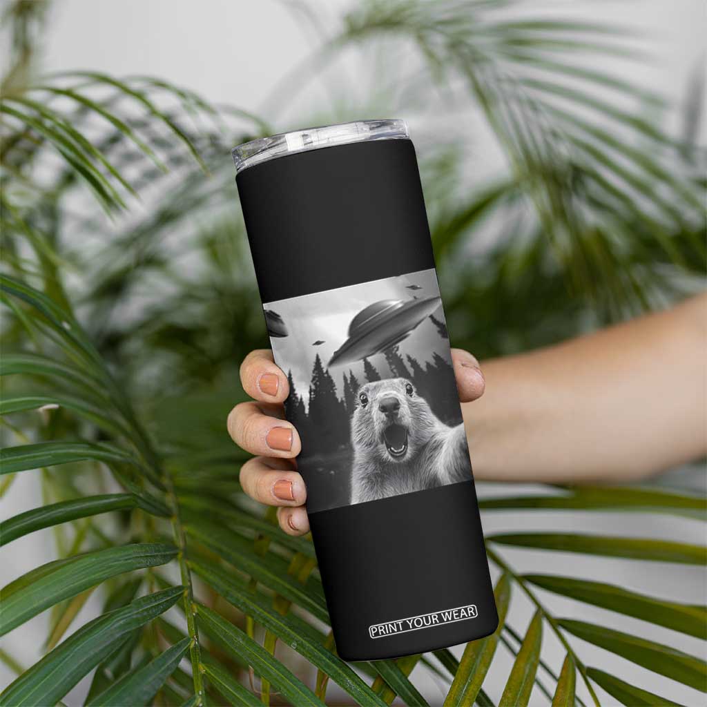 Funny Groundhog Selfie With Alien UFOs Weird Ground Hog Day Skinny Tumbler TS11 Print Your Wear