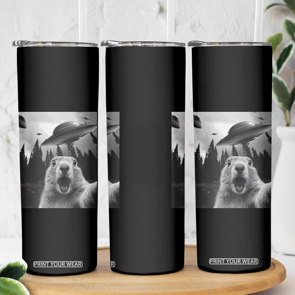 Funny Groundhog Selfie With Alien UFOs Weird Ground Hog Day Skinny Tumbler TS11 Print Your Wear