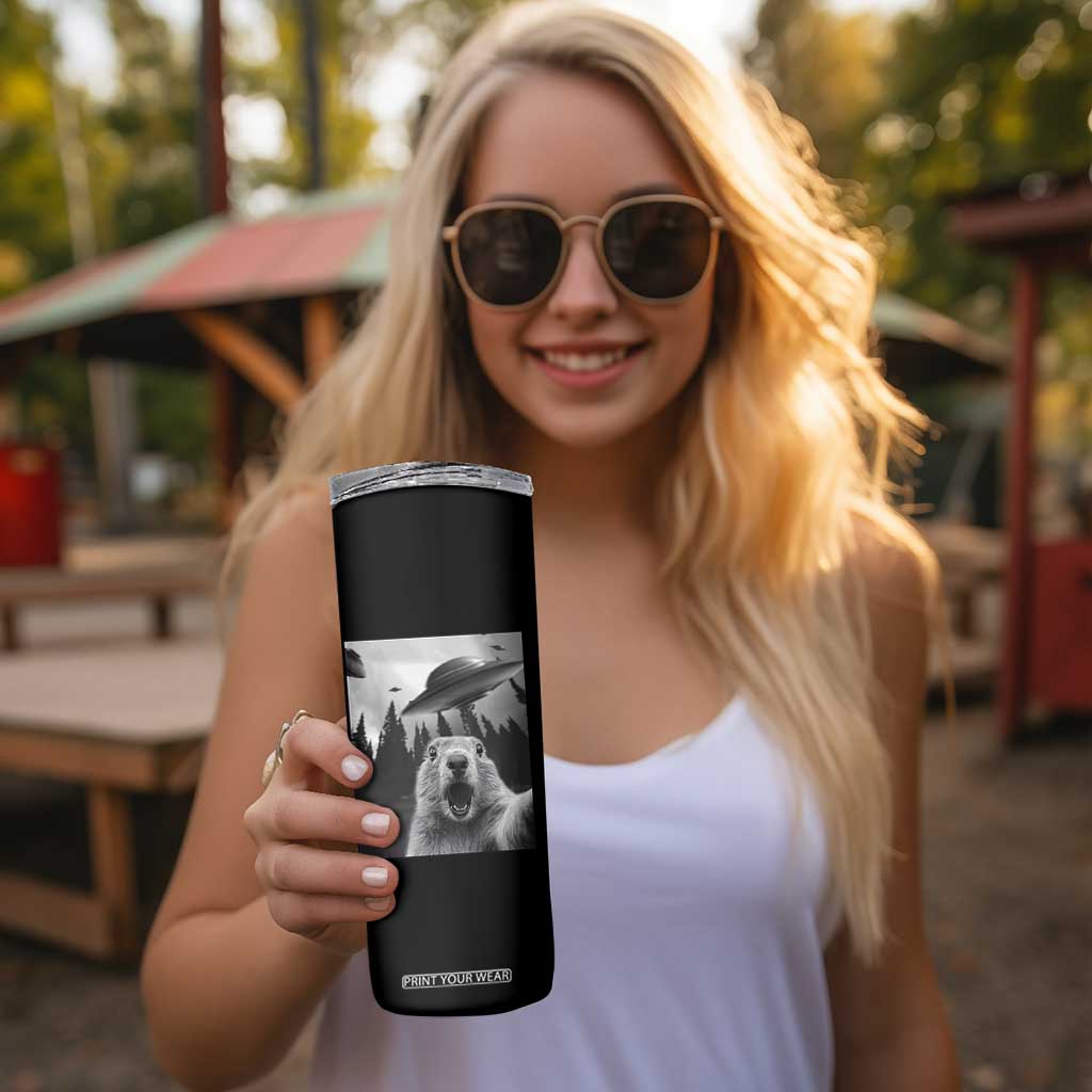 Funny Groundhog Selfie With Alien UFOs Weird Ground Hog Day Skinny Tumbler TS11 Print Your Wear