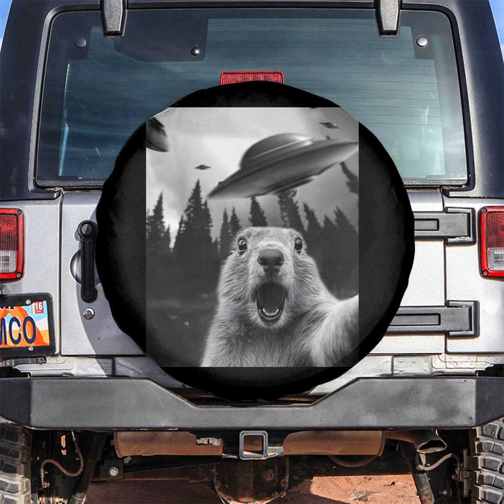 Funny Groundhog Selfie With Alien UFOs Weird Ground Hog Day Spare Tire Cover TS11 No hole Black Print Your Wear