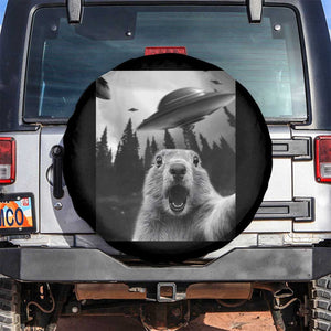 Funny Groundhog Selfie With Alien UFOs Weird Ground Hog Day Spare Tire Cover TS11 No hole Black Print Your Wear