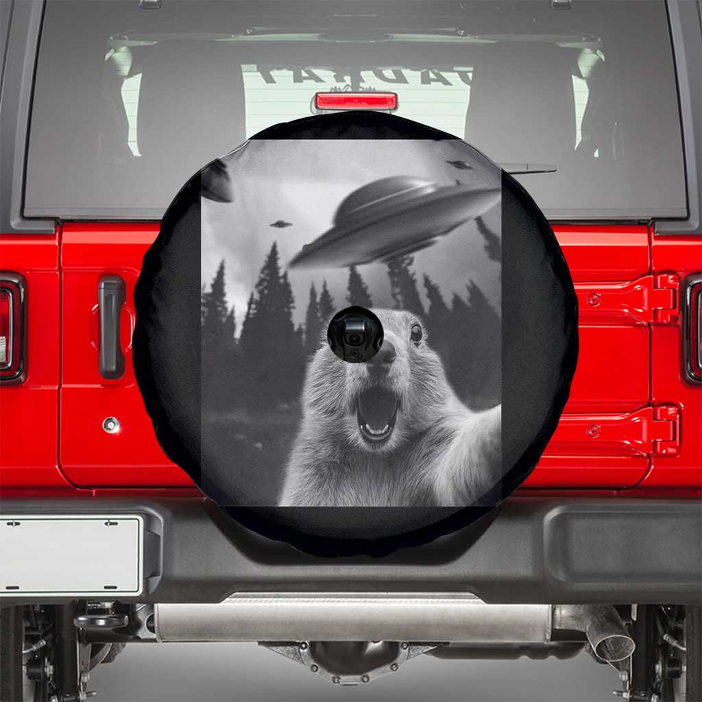 Funny Groundhog Selfie With Alien UFOs Weird Ground Hog Day Spare Tire Cover TS11 Black Print Your Wear