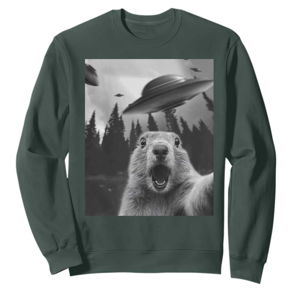 Funny Groundhog Selfie With Alien UFOs Weird Ground Hog Day Sweatshirt TS11 Dark Forest Green Print Your Wear