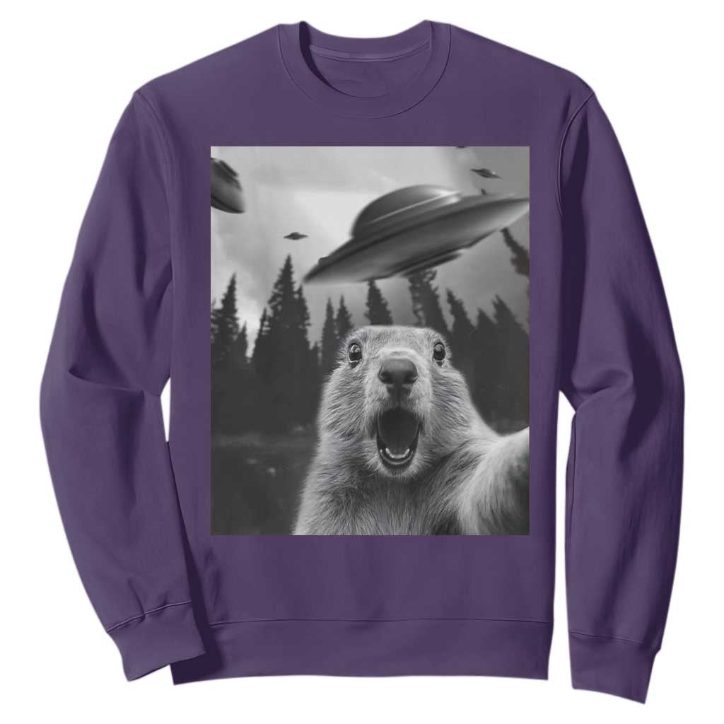 Funny Groundhog Selfie With Alien UFOs Weird Ground Hog Day Sweatshirt TS11 Purple Print Your Wear