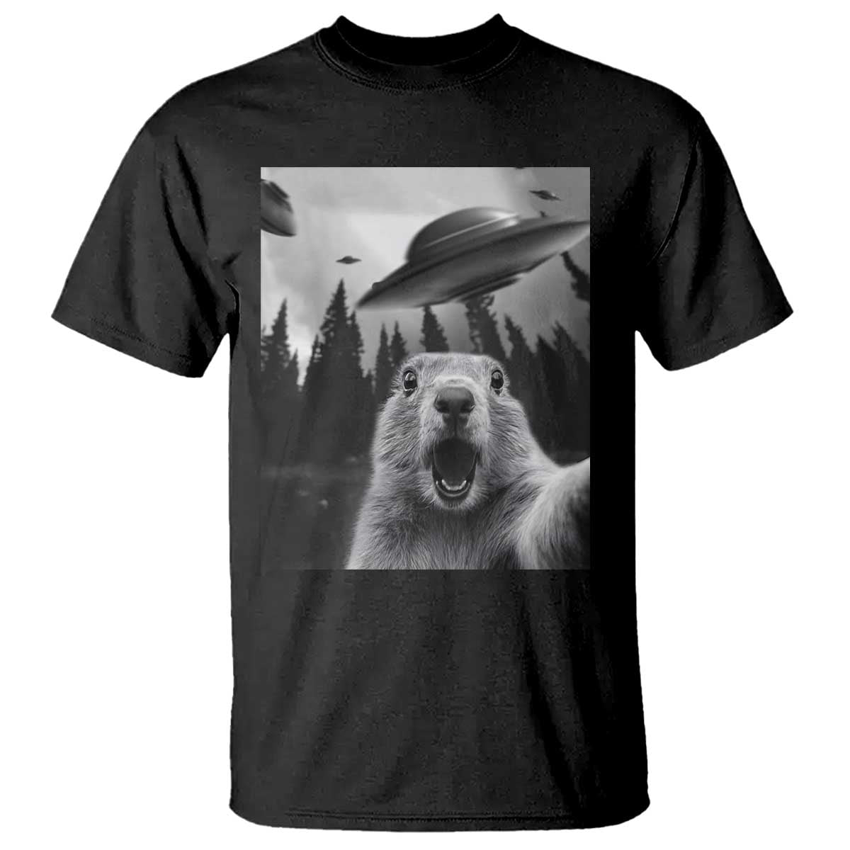 Funny Groundhog Selfie With Alien UFOs Weird Ground Hog Day T Shirt TS11 Black Print Your Wear