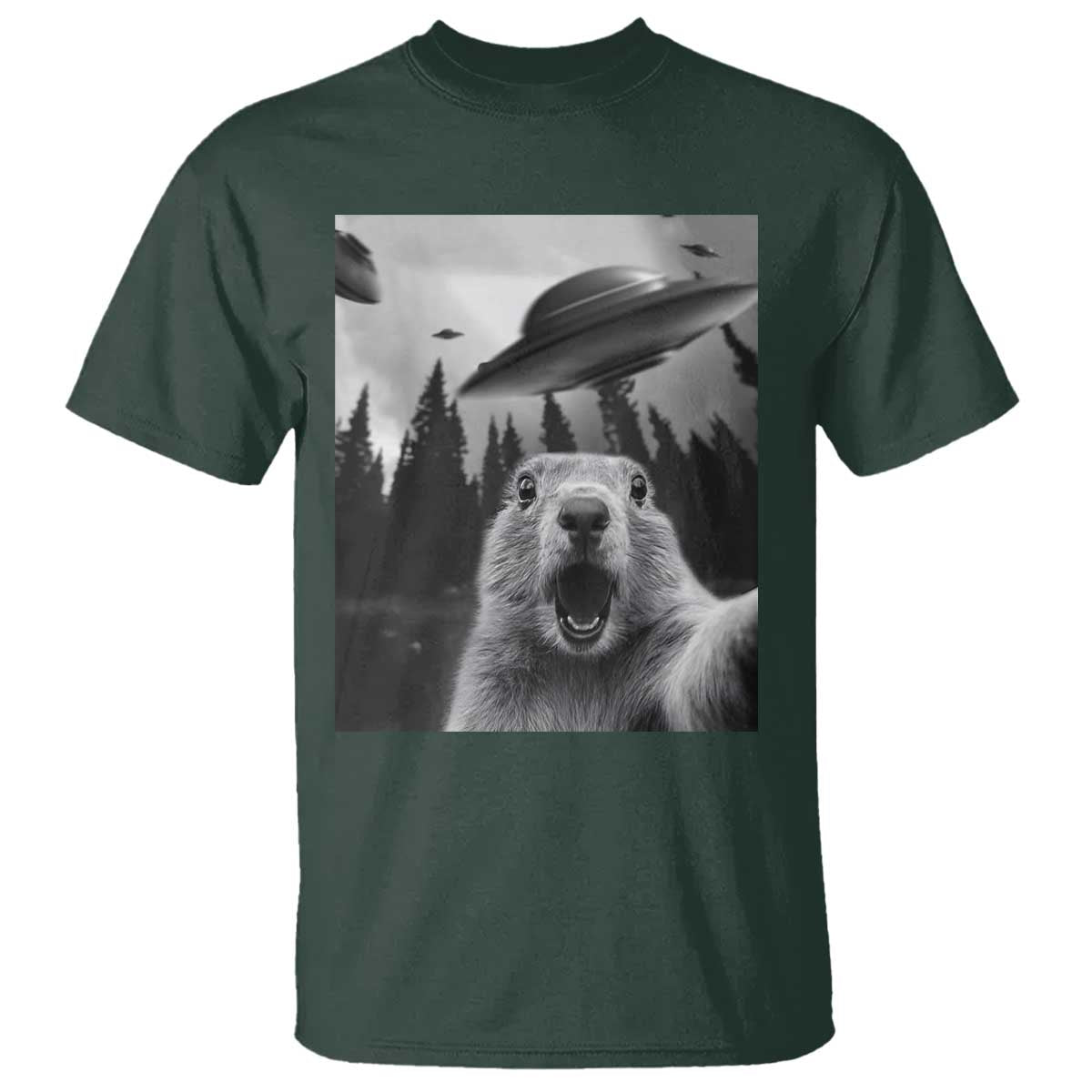 Funny Groundhog Selfie With Alien UFOs Weird Ground Hog Day T Shirt TS11 Dark Forest Green Print Your Wear