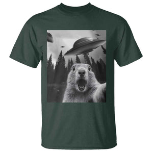Funny Groundhog Selfie With Alien UFOs Weird Ground Hog Day T Shirt TS11 Dark Forest Green Print Your Wear