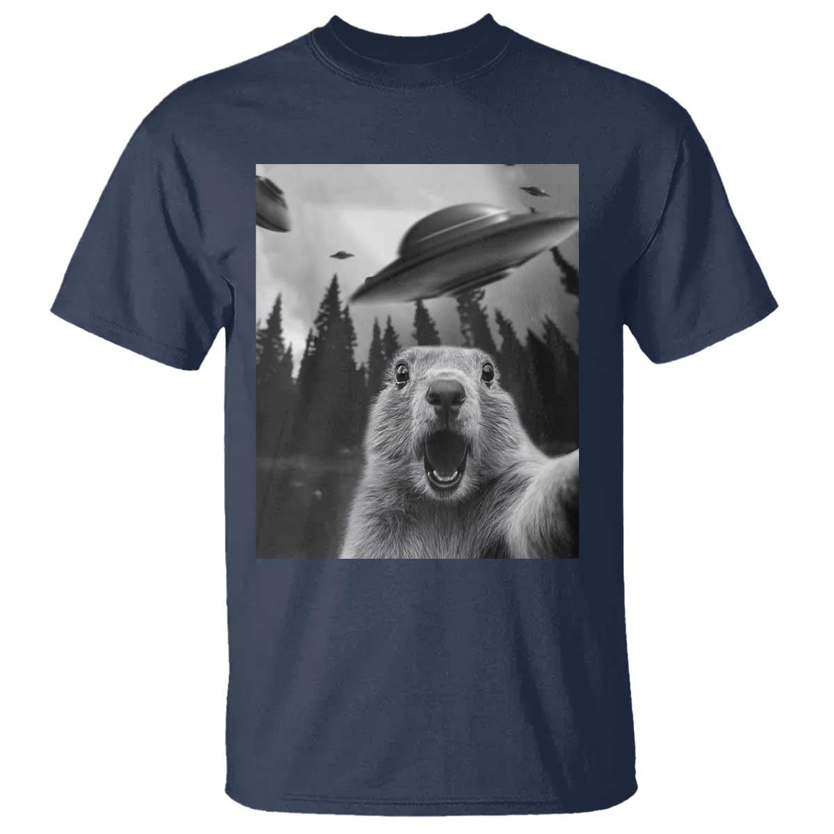 Funny Groundhog Selfie With Alien UFOs Weird Ground Hog Day T Shirt TS11 Navy Print Your Wear