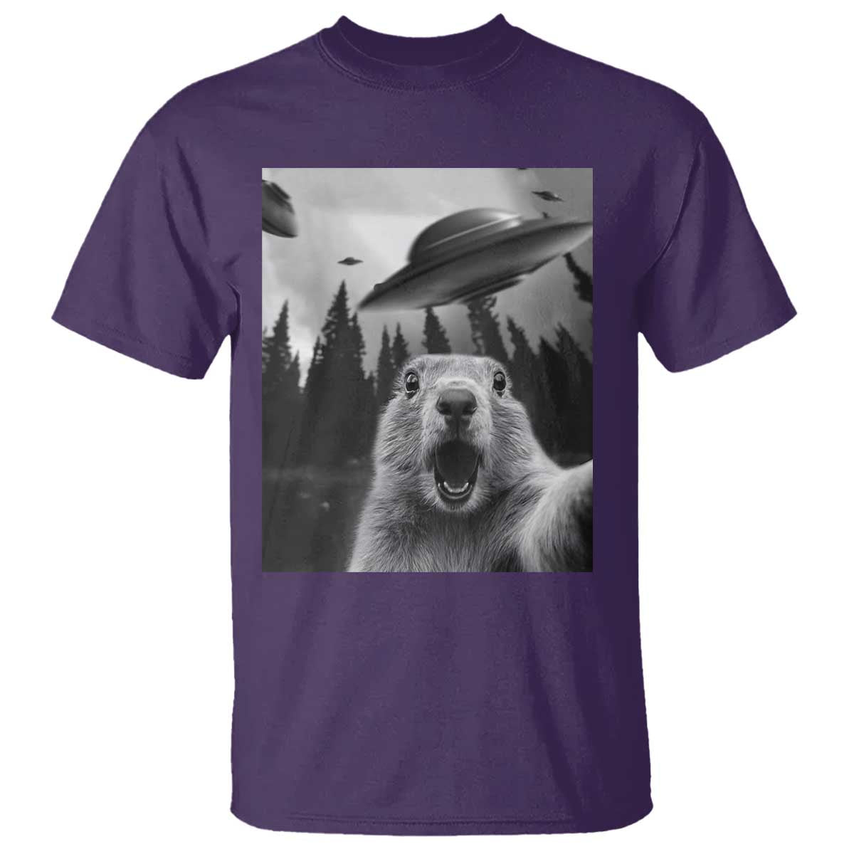 Funny Groundhog Selfie With Alien UFOs Weird Ground Hog Day T Shirt TS11 Purple Print Your Wear