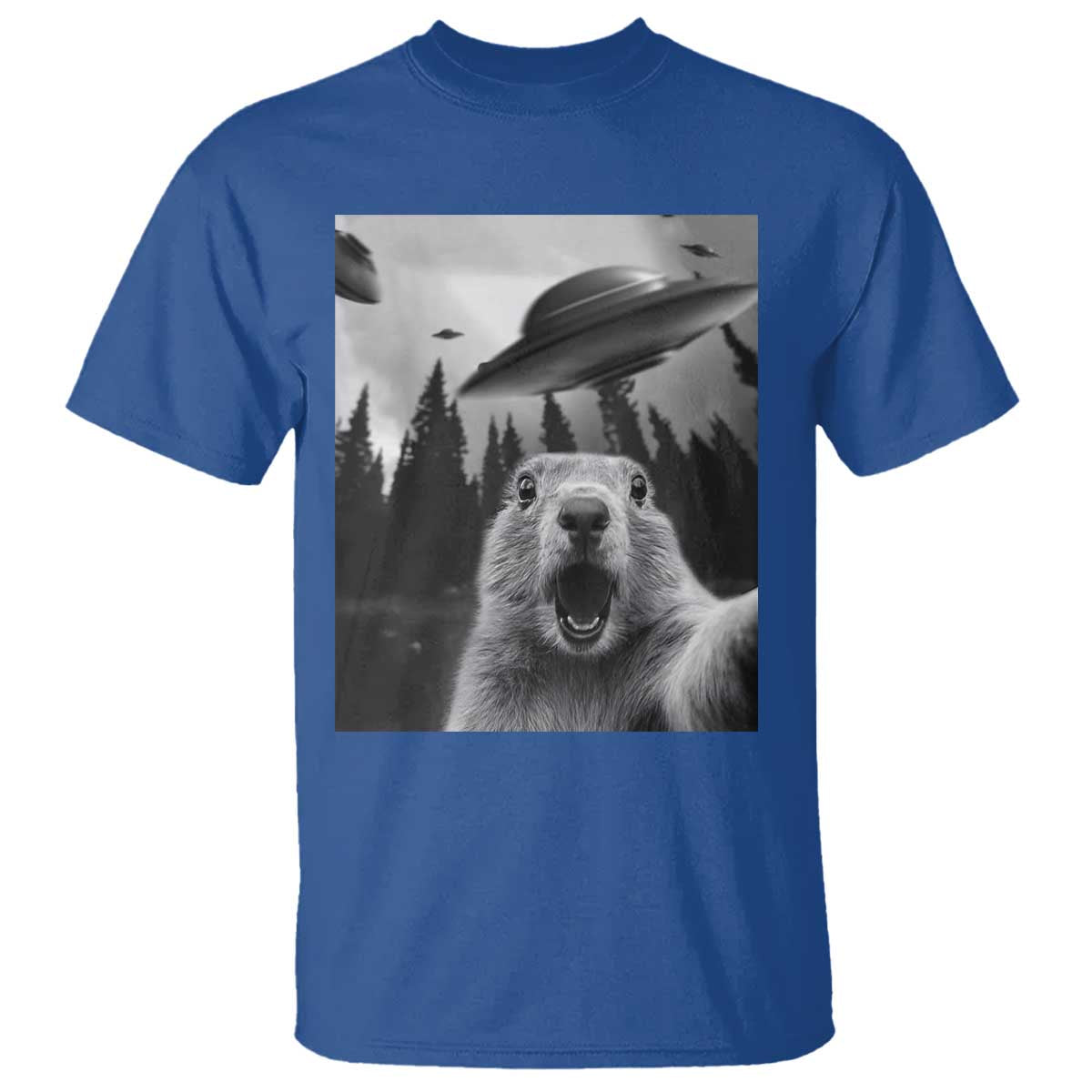 Funny Groundhog Selfie With Alien UFOs Weird Ground Hog Day T Shirt TS11 Royal Blue Print Your Wear