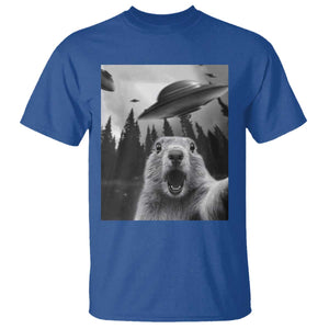 Funny Groundhog Selfie With Alien UFOs Weird Ground Hog Day T Shirt TS11 Royal Blue Print Your Wear