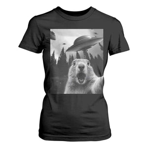 Funny Groundhog Selfie With Alien UFOs Weird Ground Hog Day T Shirt For Women TS11 Black Print Your Wear